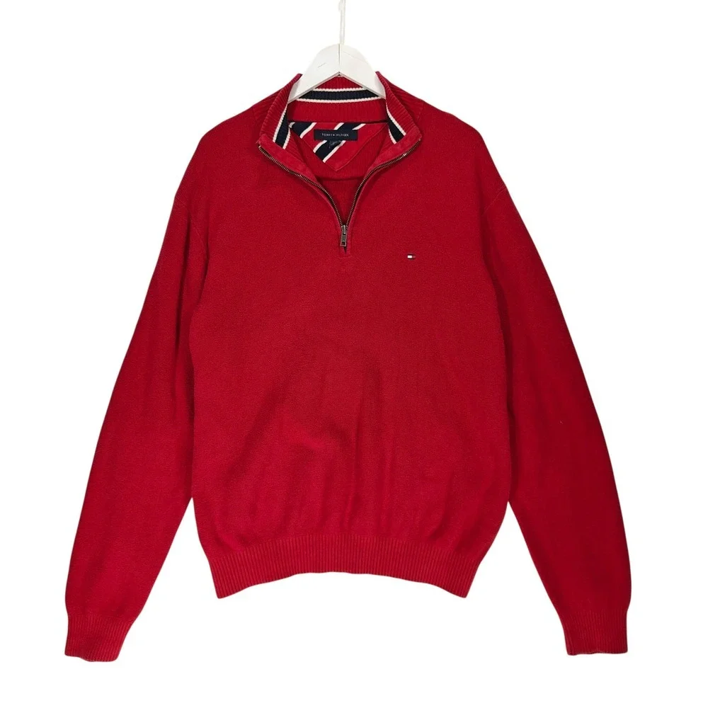 Tommy Hilfiger Mens Red Quarter Zip Cotton Knit Sweater Large Flag Logo Striped
